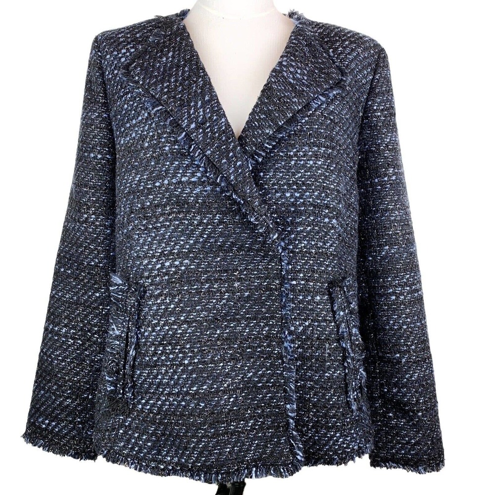 Talbots Metallic Shimmer Tweed Fringed Jacket Blazer. 14‎ Petite. Blue Black